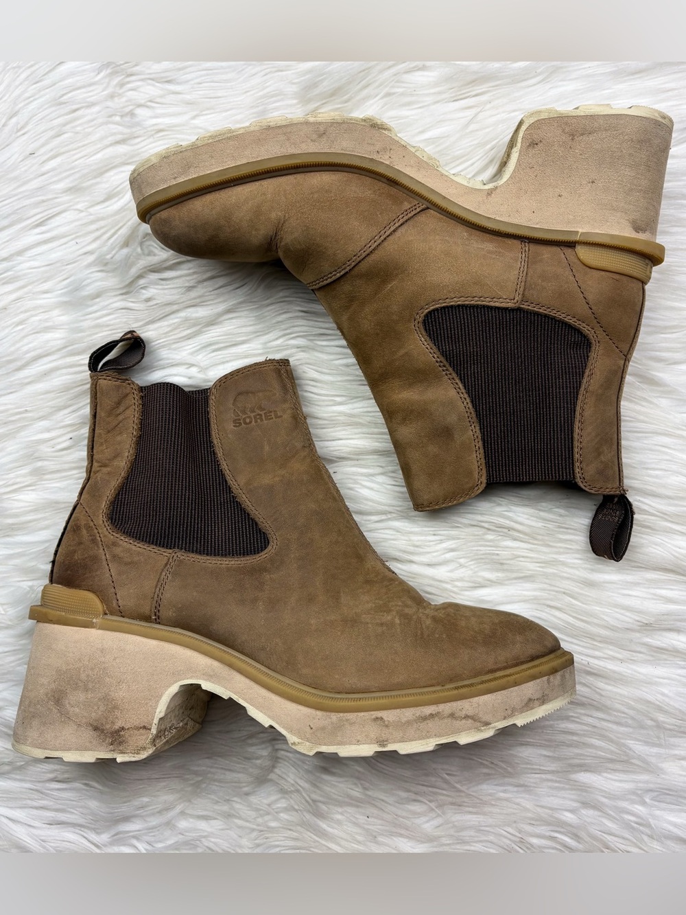 Sorel Hi Line Brex Chelsea Boots Platform Chunky Heel Suede Leather Waterproof